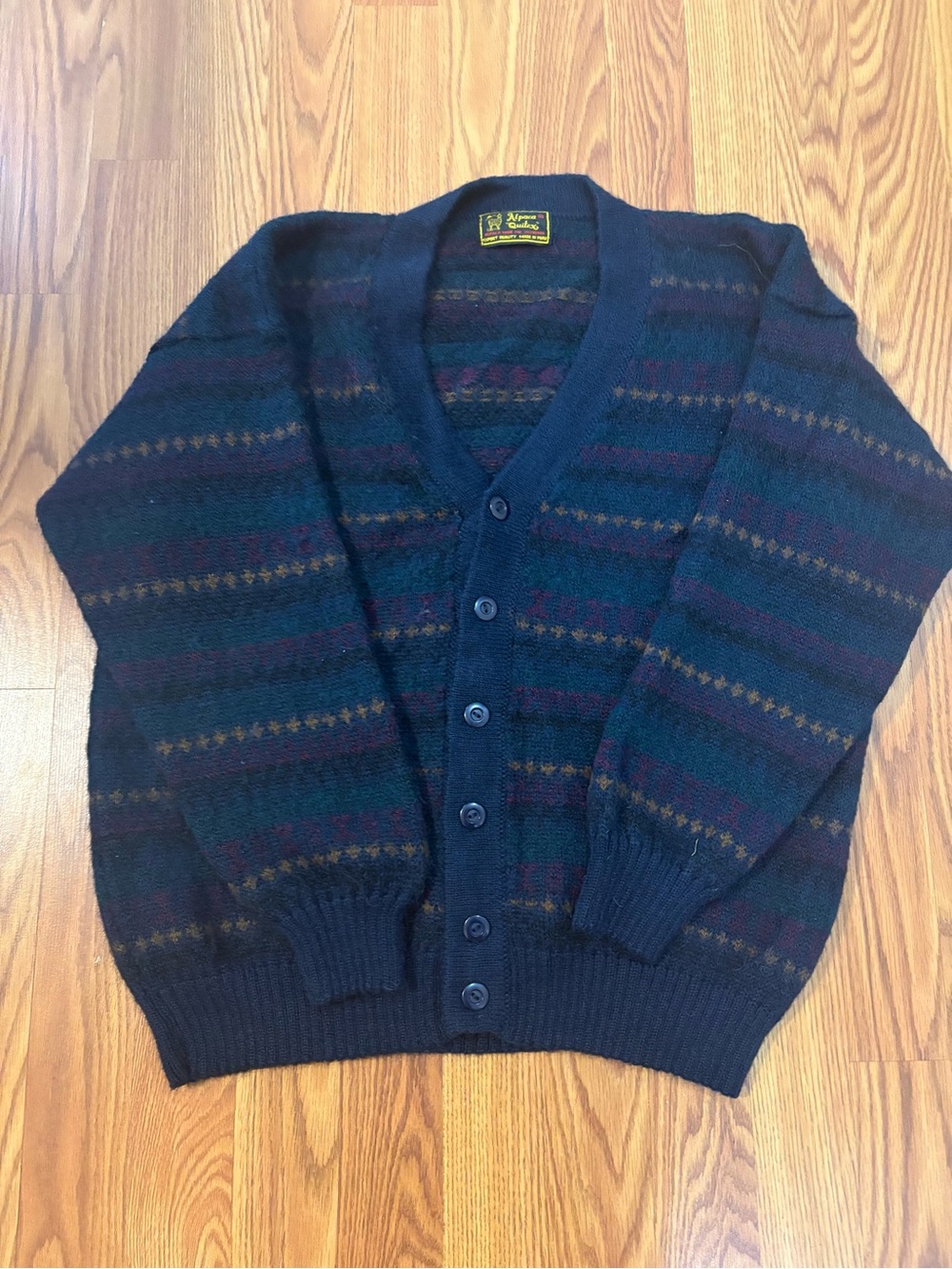Alpaca wool Quiltex Navy Multicolor Striped V‑Neck Button Cardigan made in Peru